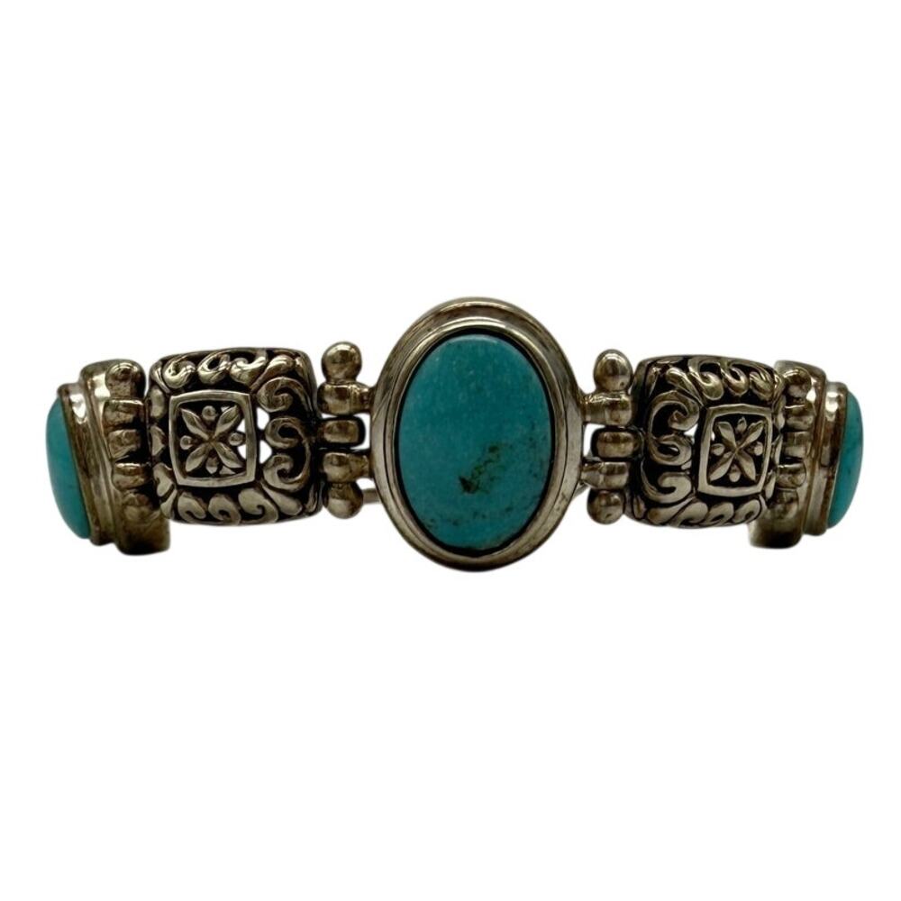 Vintage Faux Turquoise Cabochon Link Bracelet Silver Tone Boho South Western 8"